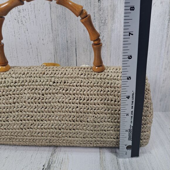 VTG Handbag Woven Raffia Straw Purse Wood Handle Sea Shells Boho Beach Cruise - Picture 8 of 14